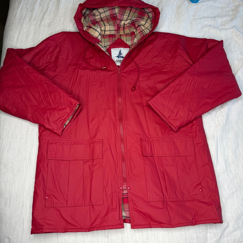 Misty Harbor Women Medium Red Rain Jacket Plaid Lined Hooded Slicker Coat